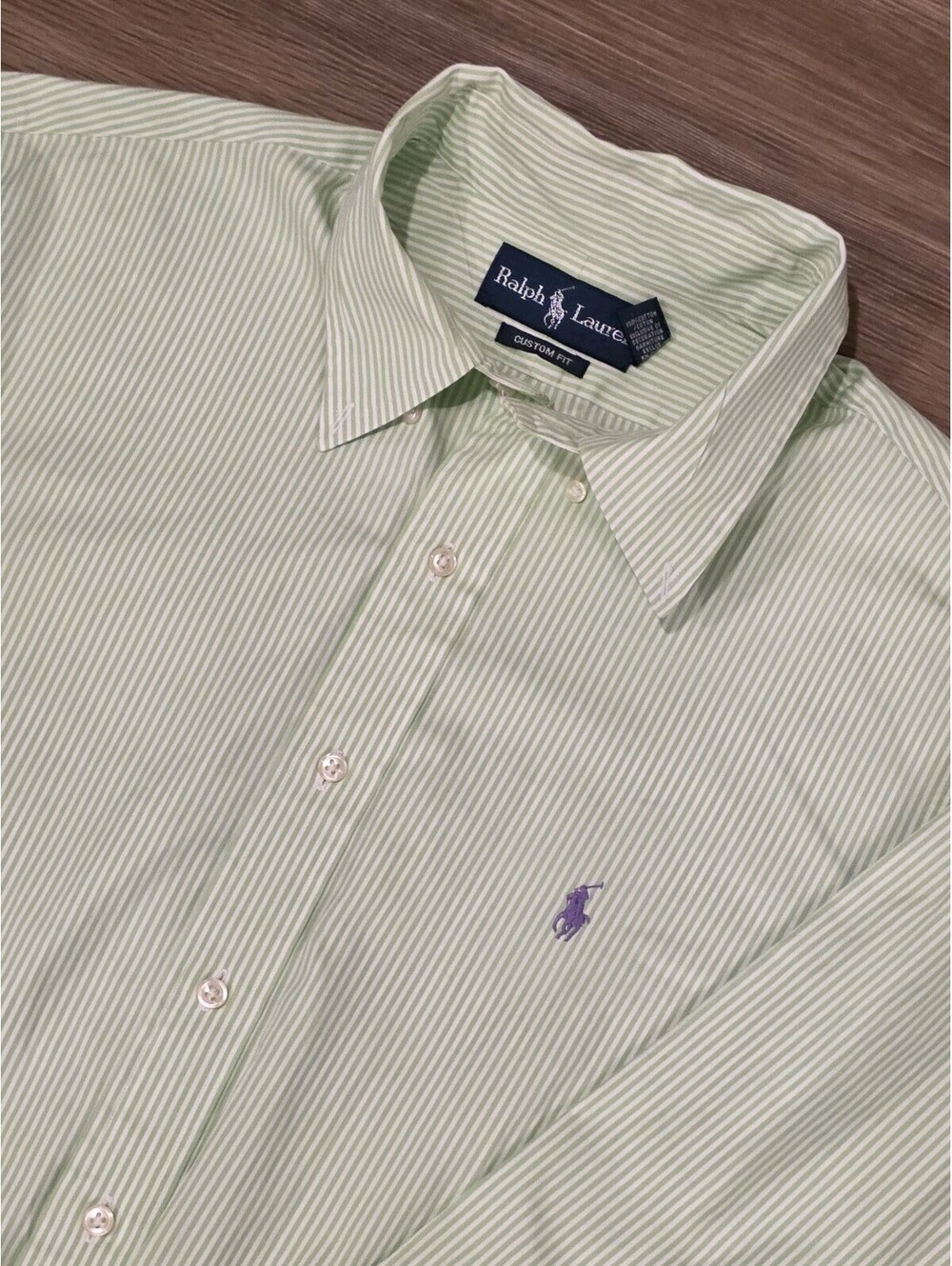 Ralph Lauren Custom Fit Green White Stripe Dress Shirt Mens Size 17 34/35